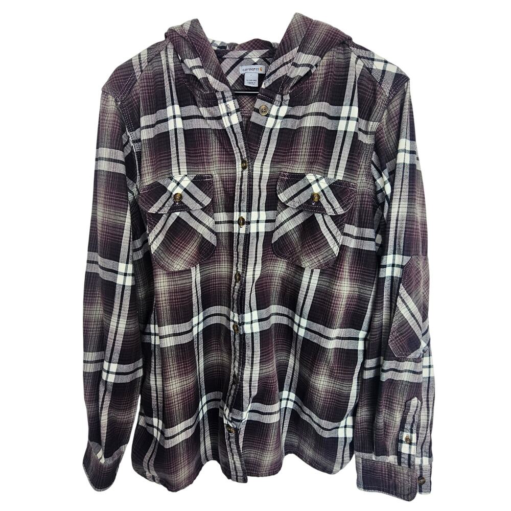 Carhartt Womens Plaid Flannel Hooded Shirt Size L Gorpcore Utility Workwear